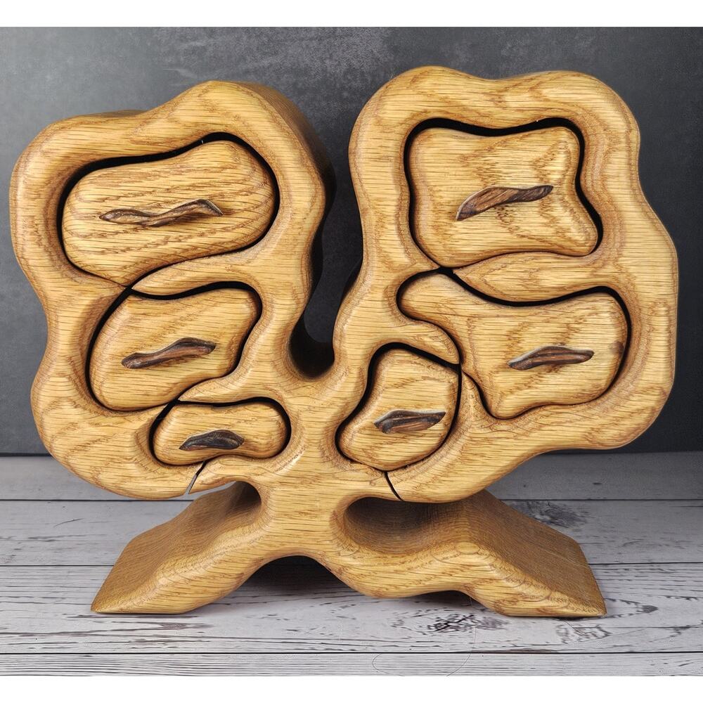 Hand Carved Wooden Tree Of Life Puzzle Box Sculptural Artisan Valet Organizer